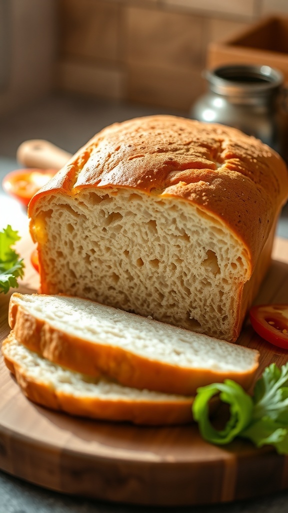 Homemade Sandwich Bread with Bread Flour A loaf of homemade sandwich bread, sliced to show soft texture, on a wooden board with fresh vegetables.